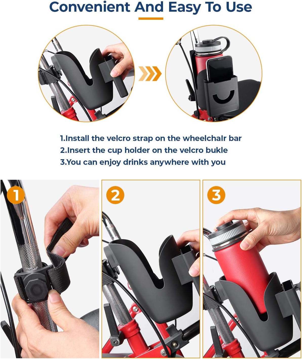 ISSYAUTO Wheelchair Drink Cup Holder, 2 in 1 Large Water Bottle Holder and Phone Bracket with Strap Mount 3MM Thick Cups Holder Universal for Wheelchair, Walker, Rollator, Stroller : Health & Household
