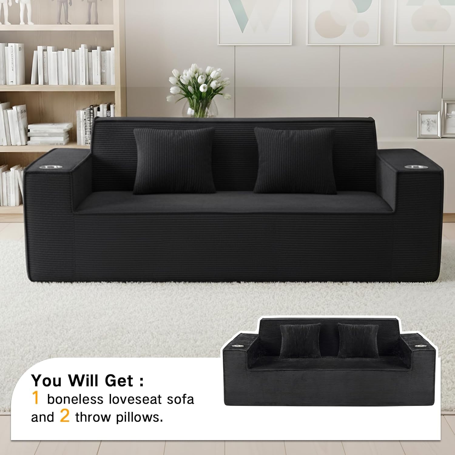 75'' Cloud Loveseat Sofa, Boneless 3 Seater Sofa Couch, No Assembly Required, Deep Seat & Wide Armrest, Ideal for Living Room, Bedroom, Small Spaces, Apartment, Black Corduroy
