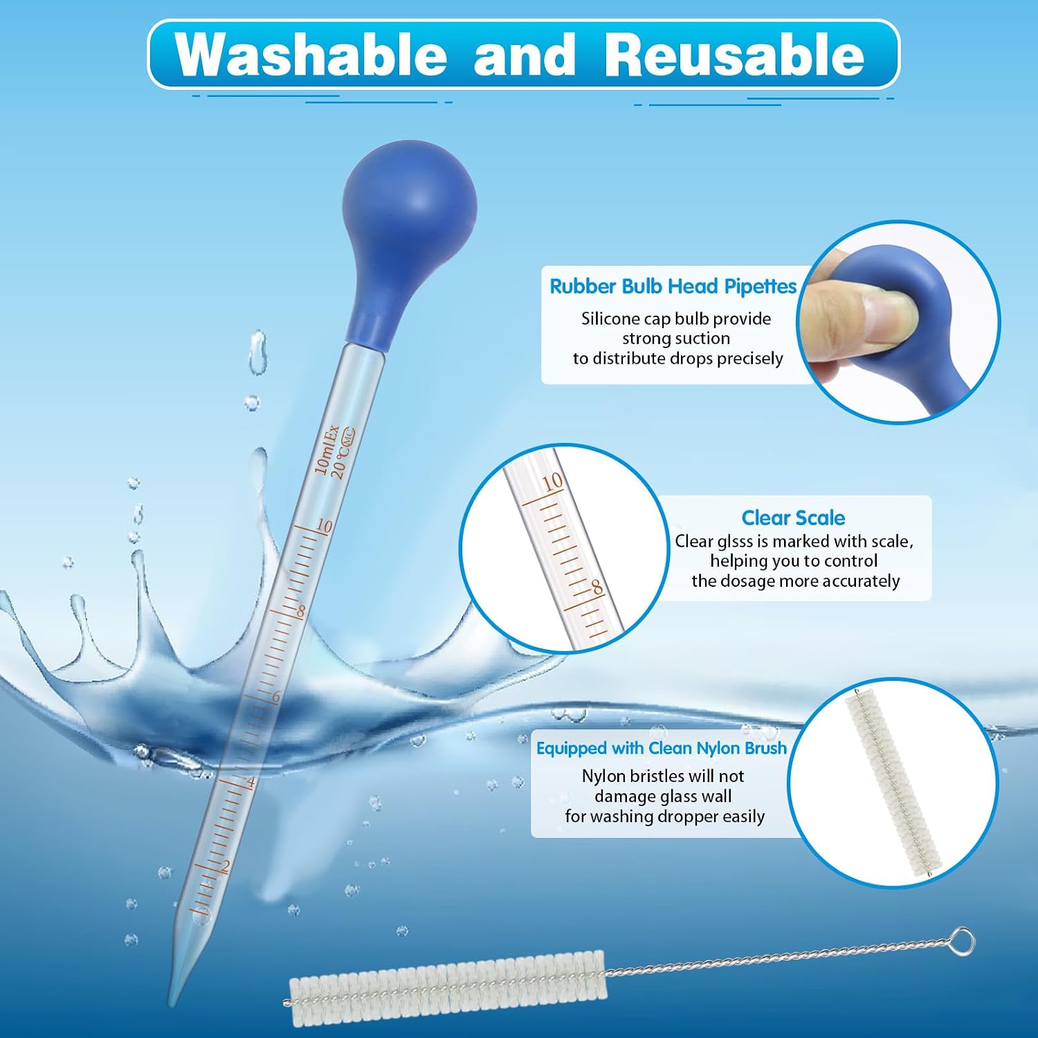 5pcs 10ml Glass Pipette Dropper Lab Graduated Dropper with 1 Cleaning Brush | Transfer for Liquid Essential Oil, 10ml Lab Long Dropper with Rubber Cap Eye Droppers for Lab Work Chemistry Experiment