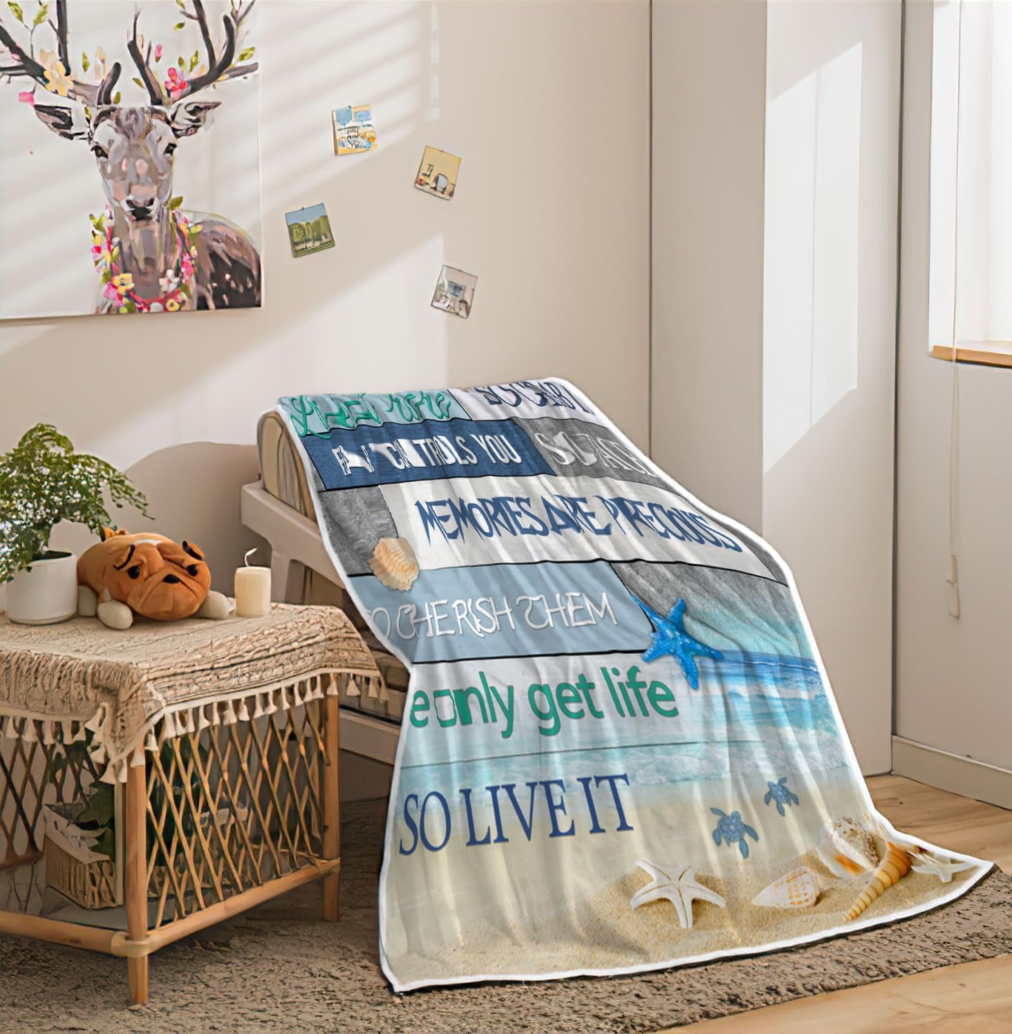 Coastal Ocean Beach Throw Blanket, Summer Blue Seashell Starfish Throw Blanket, Super Warm Cozy Microfiber Flannel Blanket for Couch Chair Sofa Bed Home Outdoor Beach Travel - Image 4