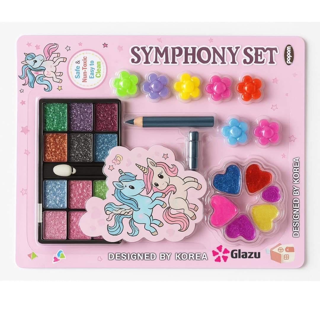 GLAZU Makeup Kit for Girls | Includes Eyeshadow Palette, Hair Clips, Eyebrow Pencil & Glitters | Fun Cosmetic Set for Kids (Multicolor)