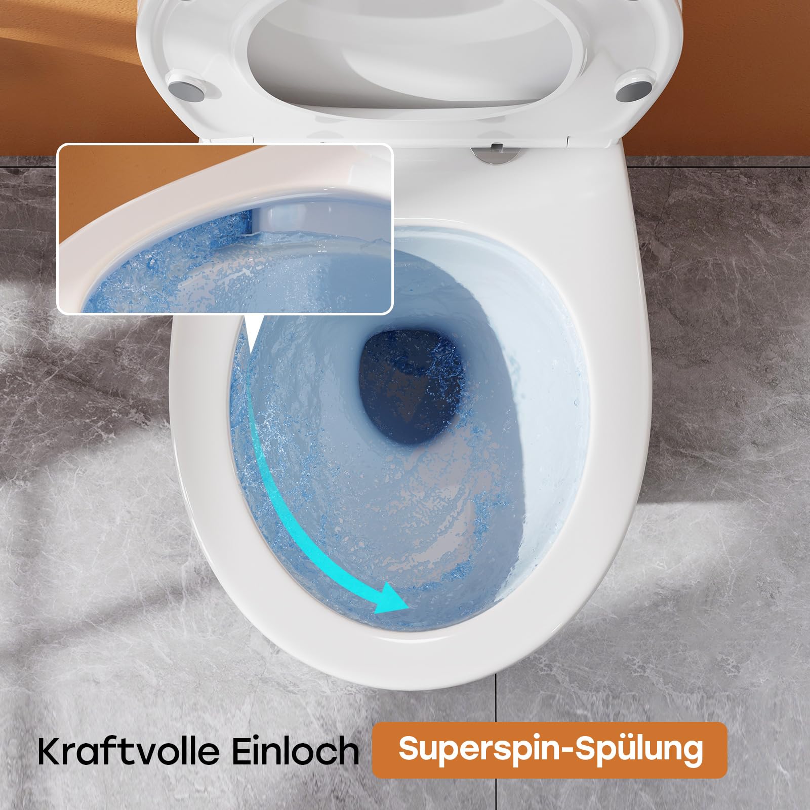 Teal Home WC sospeso in ceramica con coperchio WC con abbassamento automatico – Ciotola WC con risciacquo superspin monoforo, WC bianco con rivestimento nano – 52 × 37 × 34,5 cm
