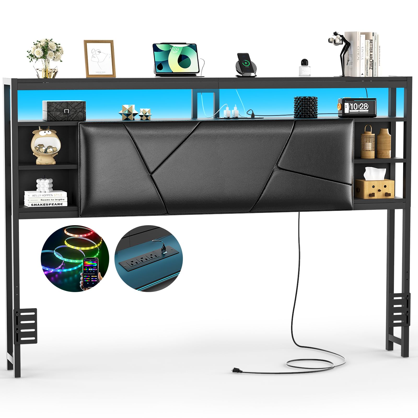 Queen Size Headboard with Charging Station and Smart RGB LED Light, Queen Bed Upholstered Head Board with Storage Shelf, Sturdy and Solid Headboards for Bedroom, Guest Room and Dorm, Black