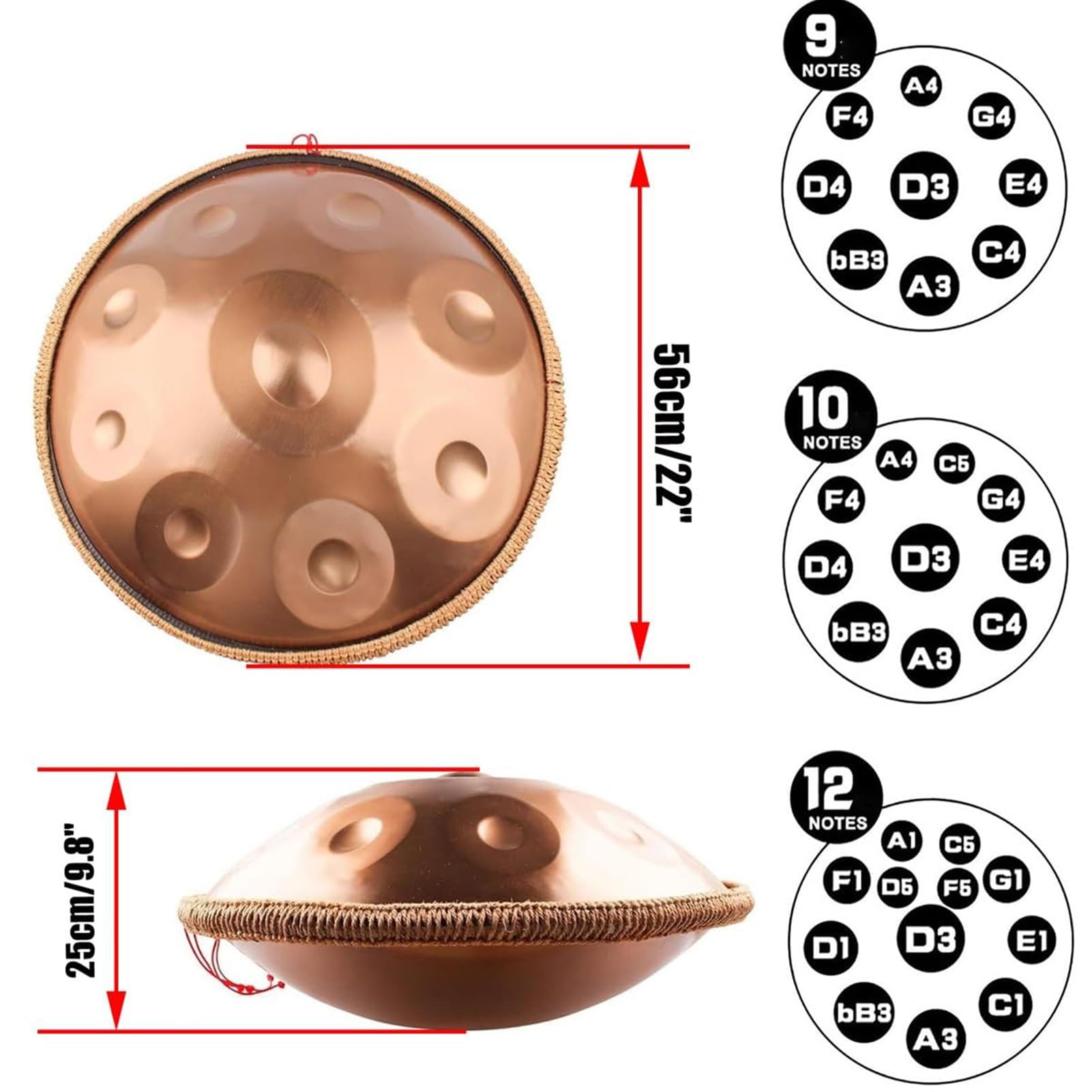 Strumento Handpan Tamburo Handpan Per Adulti, Tamburo In Acciaio Hand Pan, 22 Pollici In Re Minore Curdo, 9/10/12 Note, Strumento A Percussione Handpan In Acciaio(Dark purple,440HZ/9Note)