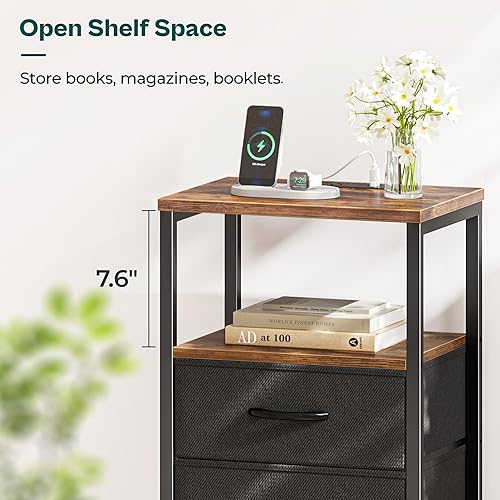 Miniatura 7 de Huuger - Juego de 2 mesitas de noche, mesas auxiliares con estación de carga, mesas laterales con cajones de tela, mesas de noche con puertos USB y