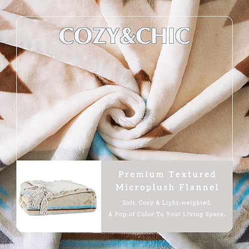 Miniatura 5 de CASAAGUSTO Manta bohemia  Manta decorativa verde y beige con borla, manta bohemia de franela impresa para silla, cama, sofá (50 x 60 pulgadas, verde