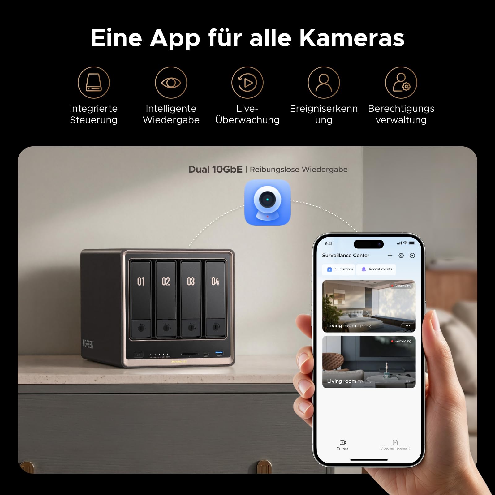 UGREEN NASync DXP4800GT 4-Bay Desktop NAS, AMD Ryzen R2514, Dual 10GbE, 8GB DDR4 RAM (bis 64GB), ECC-Support, U.2 & M.2 Slots, integrierte 128GB SSD, für Creator, Teams & Zuhause, Diskless