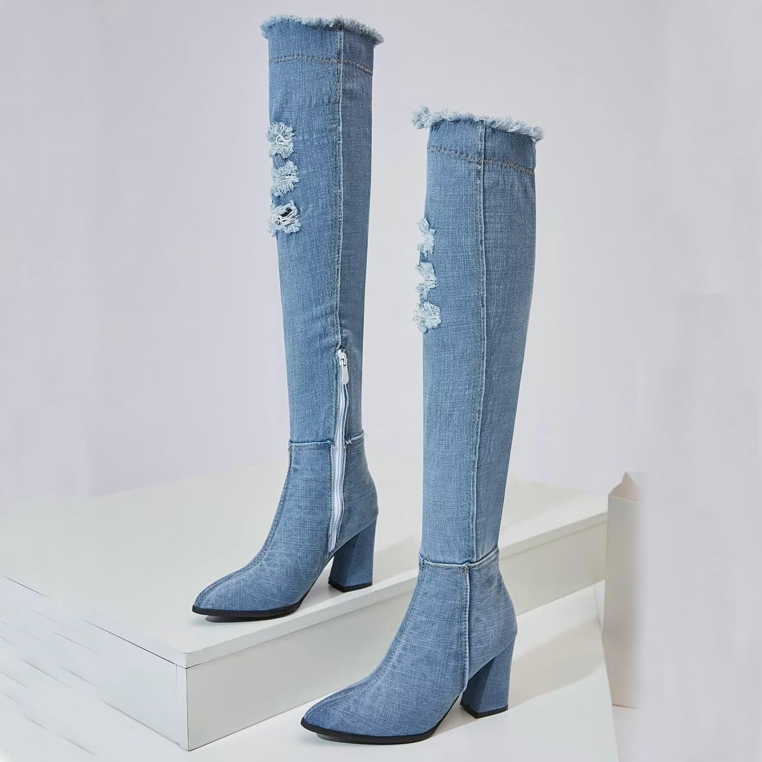 Agodor Women's Denim Thigh High Boots Cutout Over The Knee Blue Jean Boots