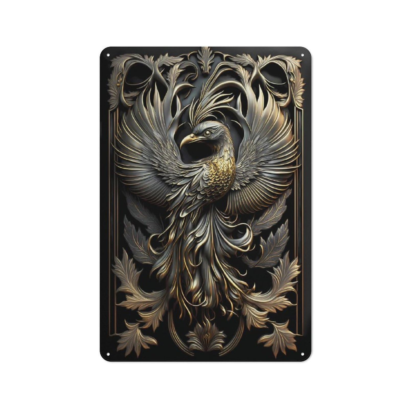 Junmoney Style-19 Vintage Tin Sign 30X20cm With Copper Golden Phoenix For Garage Or Workshop, For Metal Sign Collectors, For Cafés, Pubs And Restaurants