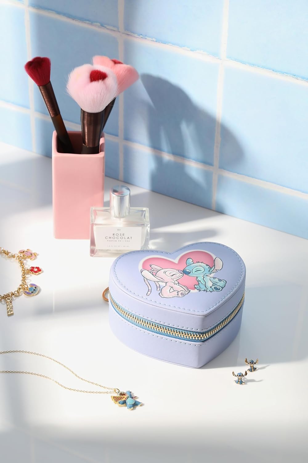 SALLY ROSE Stitch and Angel Travel Jewelry Case Official License, Heart-Shaped Mini Jewelry Box with Zipper, Valentines Gifts for Her - Image 2
