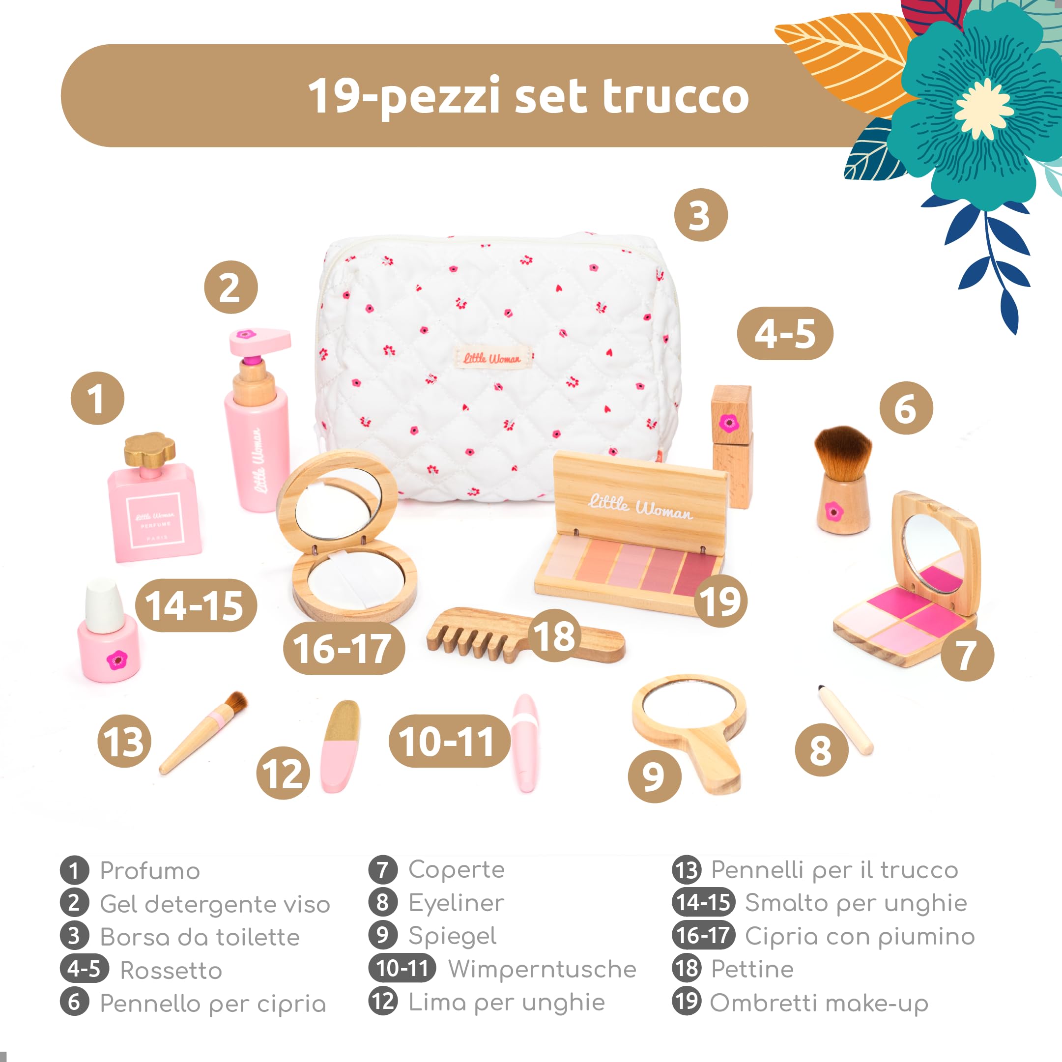 UMU Set trucco per bambini in legno – cosmetici e trucco set con trucco, rossetto, profumo, cipria e trousse – trucco per bambini da 3 4 5 6 anni
