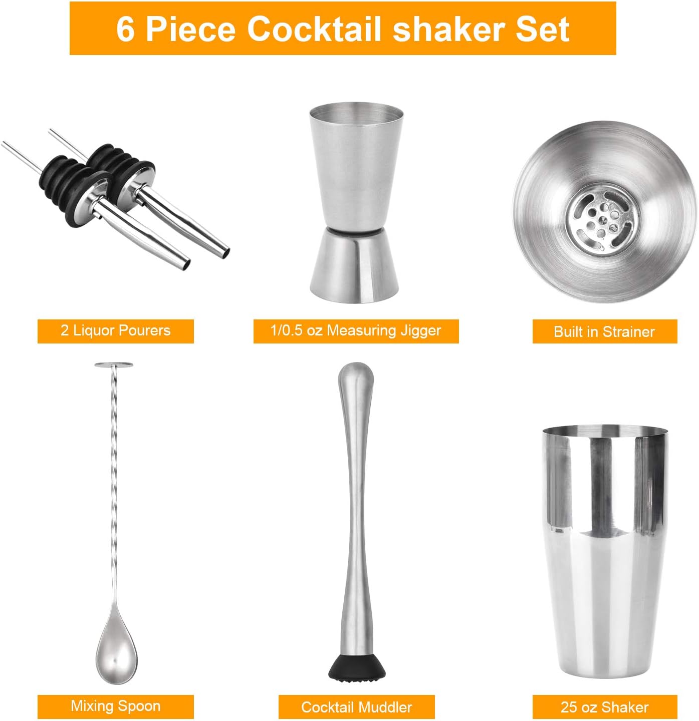 Cocktail Shaker Set, 12 Piece Bartender Kit with Stand, 25 oz Martini Shaker, Stainless Steel Bar Tools, Cocktail Strainer, Double Measuring Jigger, Mixing Spoon (6 PIECE)