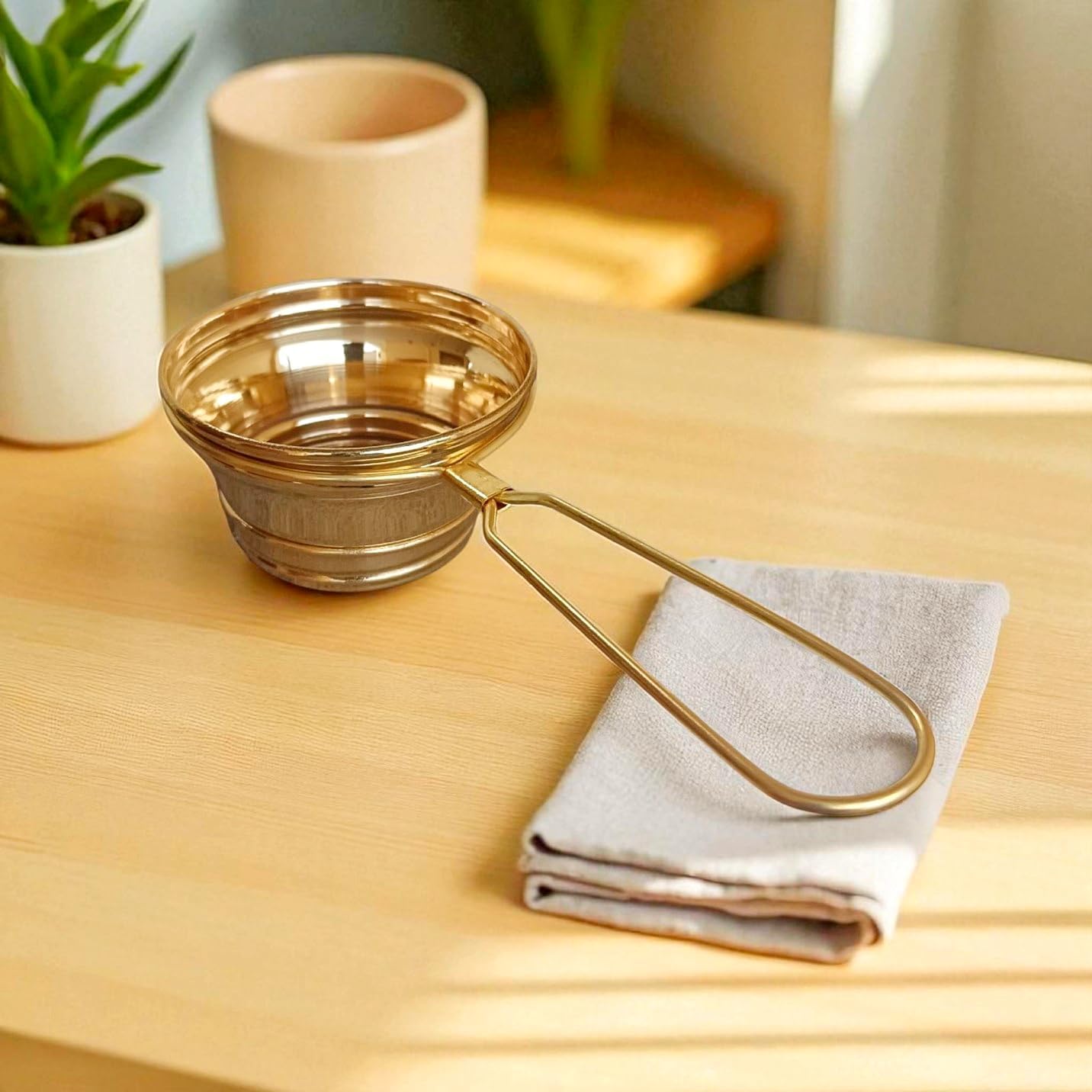 Brass Tea Strainer for Tea and Coffee Handmade Tea Infuser, Tea Strainer with Bottom Holder, 80gm 2065 cm