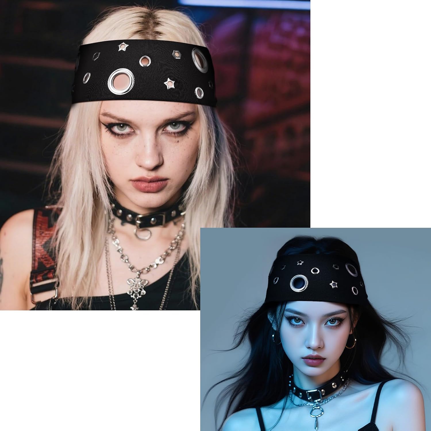 3 Pcs Women Grommet Headband Y2k Punk Grunge Wide Hairbands Hollow out Eyelets Elastic Headband Casual Hair Accessory Fashionable Metal Hairbands Stretchy(Black,Classic)