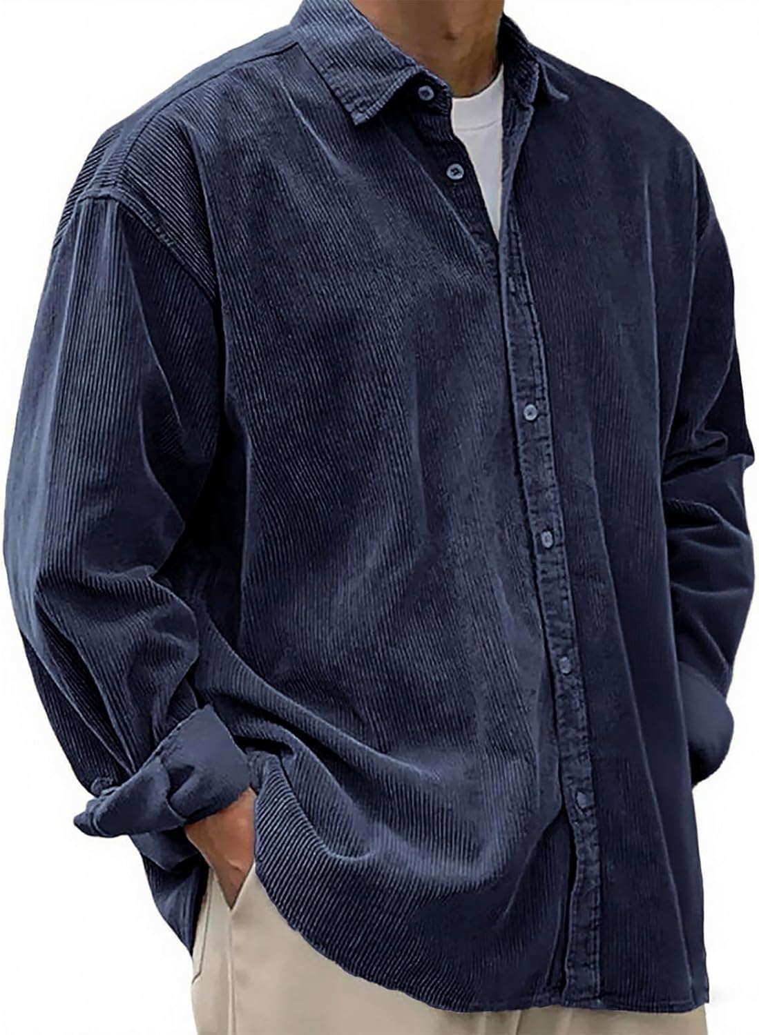 Men's Corduroy Button Down Shirt Long Sleeve Soft Vintage Lapel Collar Loose Fit Casual Shirt with Pocket for Daily Work Wear