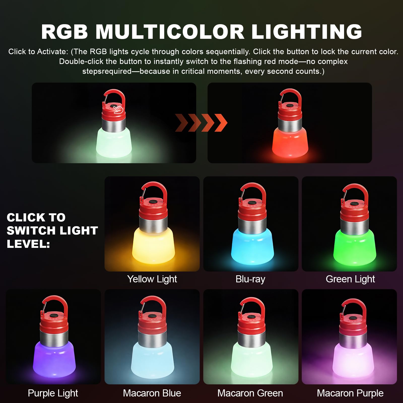 Lampada da campeggio a LED portatile con gancio per appenderla, lanterna a batteria ricaricabile per campeggio all'aperto, escursionismo, interruzioni di corrente di emergenza (rosso)