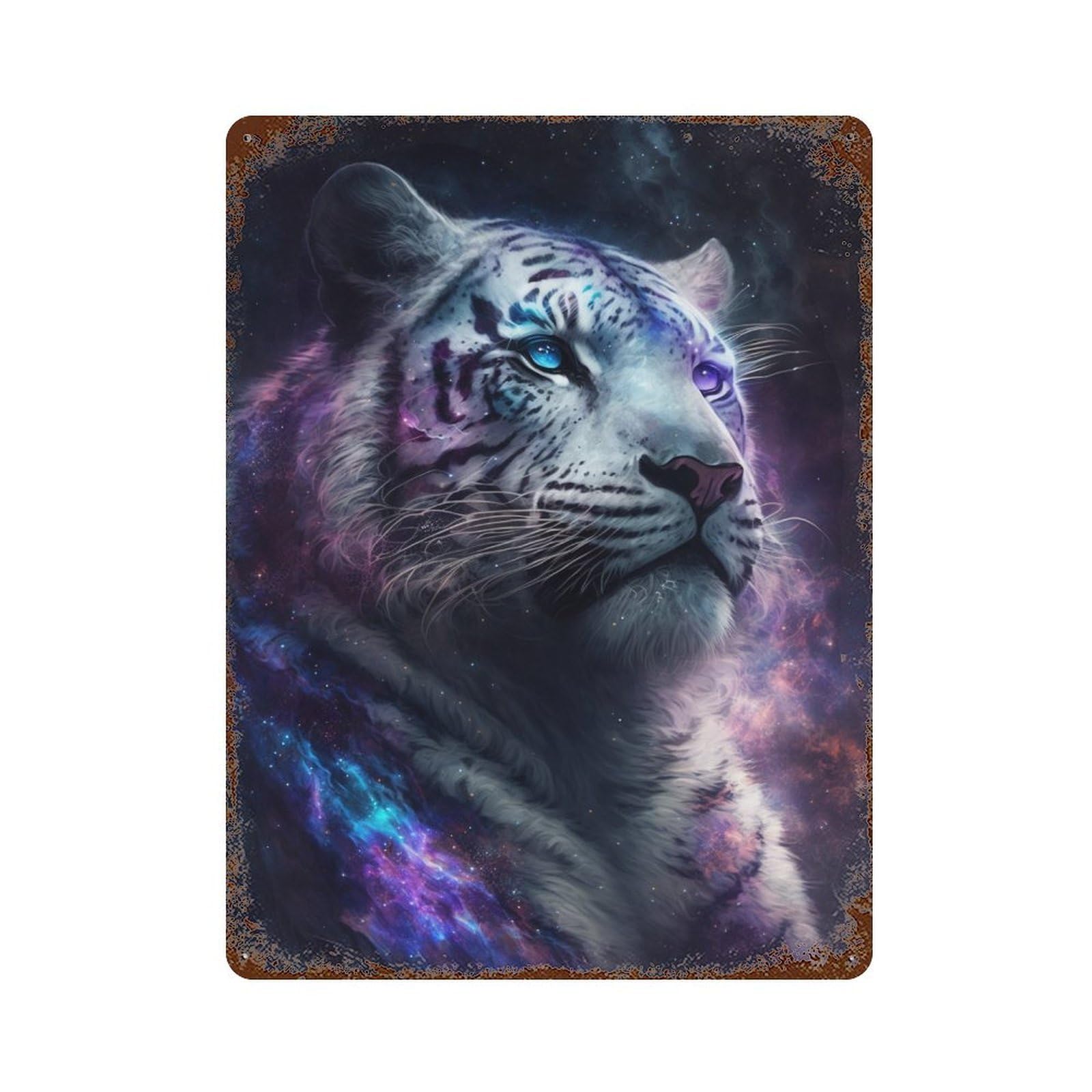 Rusty Metal Tin Sign with Cosmic Tiger Portrait-2 Design 15.7"x11.8", for Farmhouse, Kitchen And Entryway Decor, Classic Wall Plaque