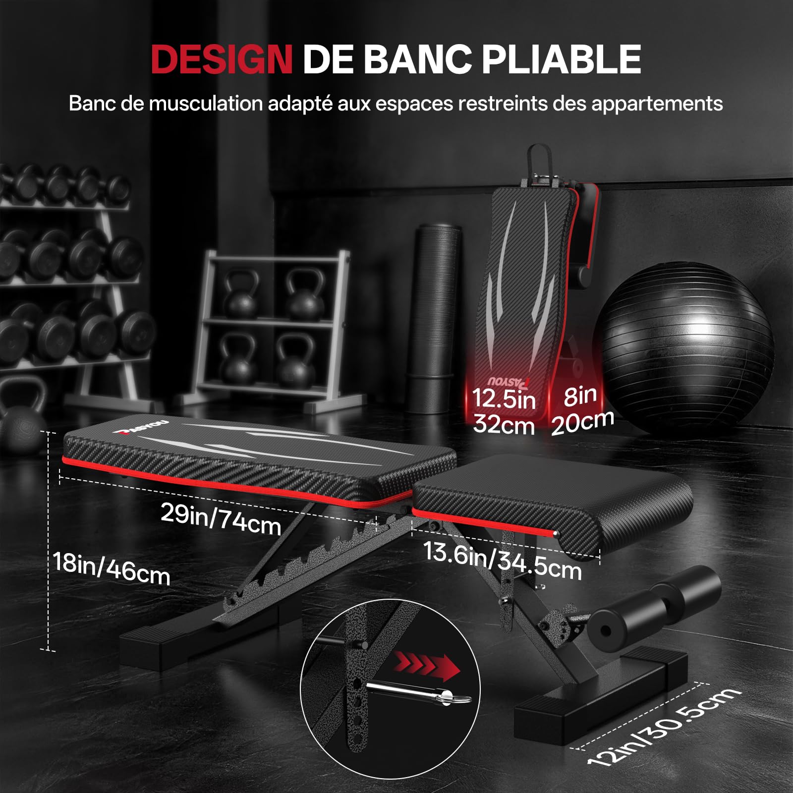 PASYOU Banc de Musculation Pliable, Charge 300kg, Banc de Fitness Réglable Multifonction pour Entraînement Corps Complet, Banc de Sport avec Poignées pour Maison et Salle de Sport (PA350)