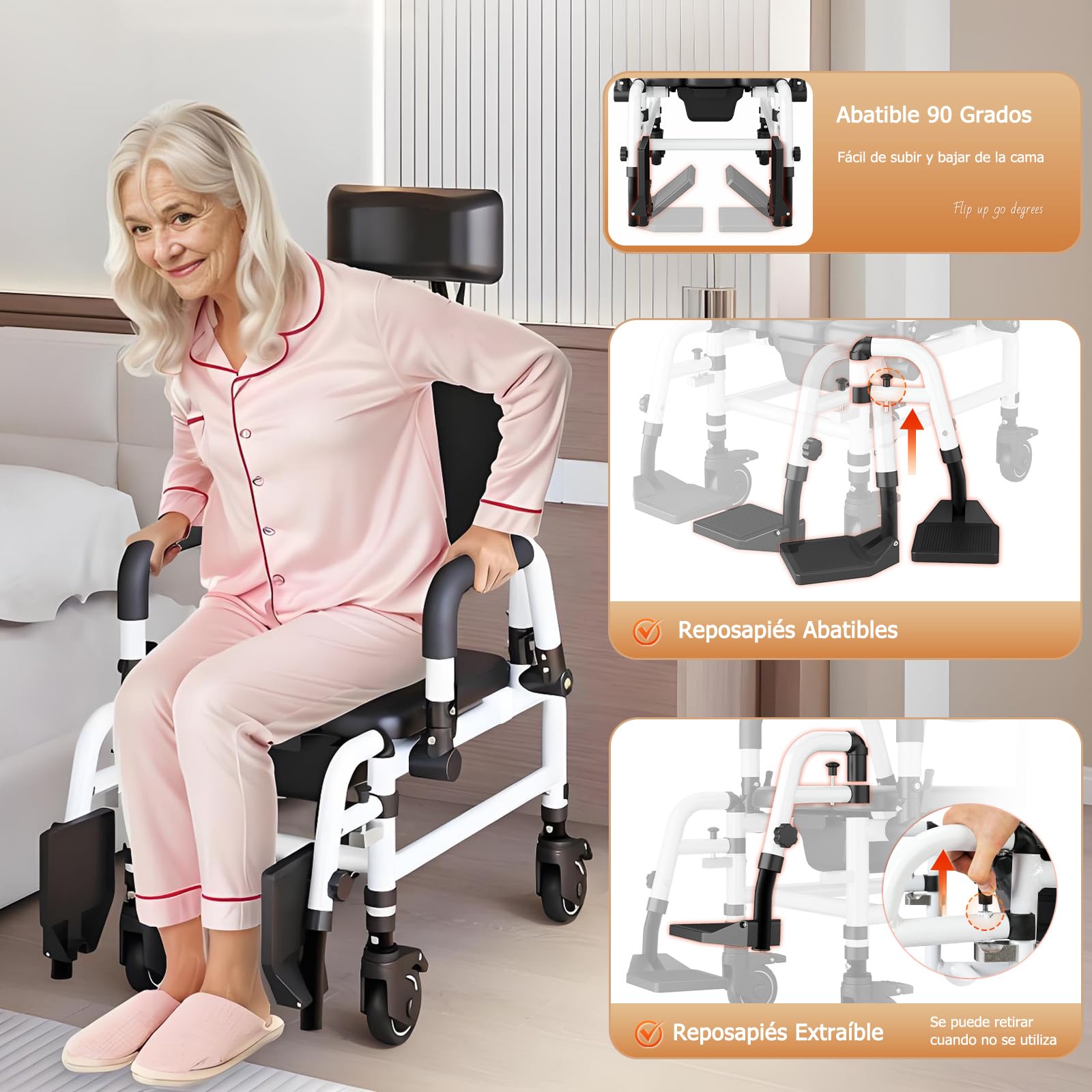 NJUN Silla de Ruedas para Baño y WC con Ruedas, Silla WC con Ruedas para Personas Mayores, Silla de Baño Reclinable con Respaldo Ajustable 140°, Reposacabezas Ajustable y Cubeta Extraíble