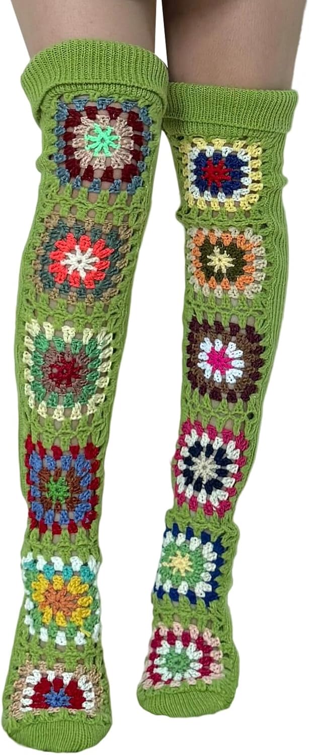 Adoeren Women's Crochet Granny Square Thigh High Leg Warmers Boho Floral Knit Over Knee Socks Colorful Knitted Leggings