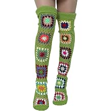 Adoeren Women's Crochet Granny Square Thigh High Leg Warmers Boho Floral Knit Over Knee Socks Colorful Knitted Leggings