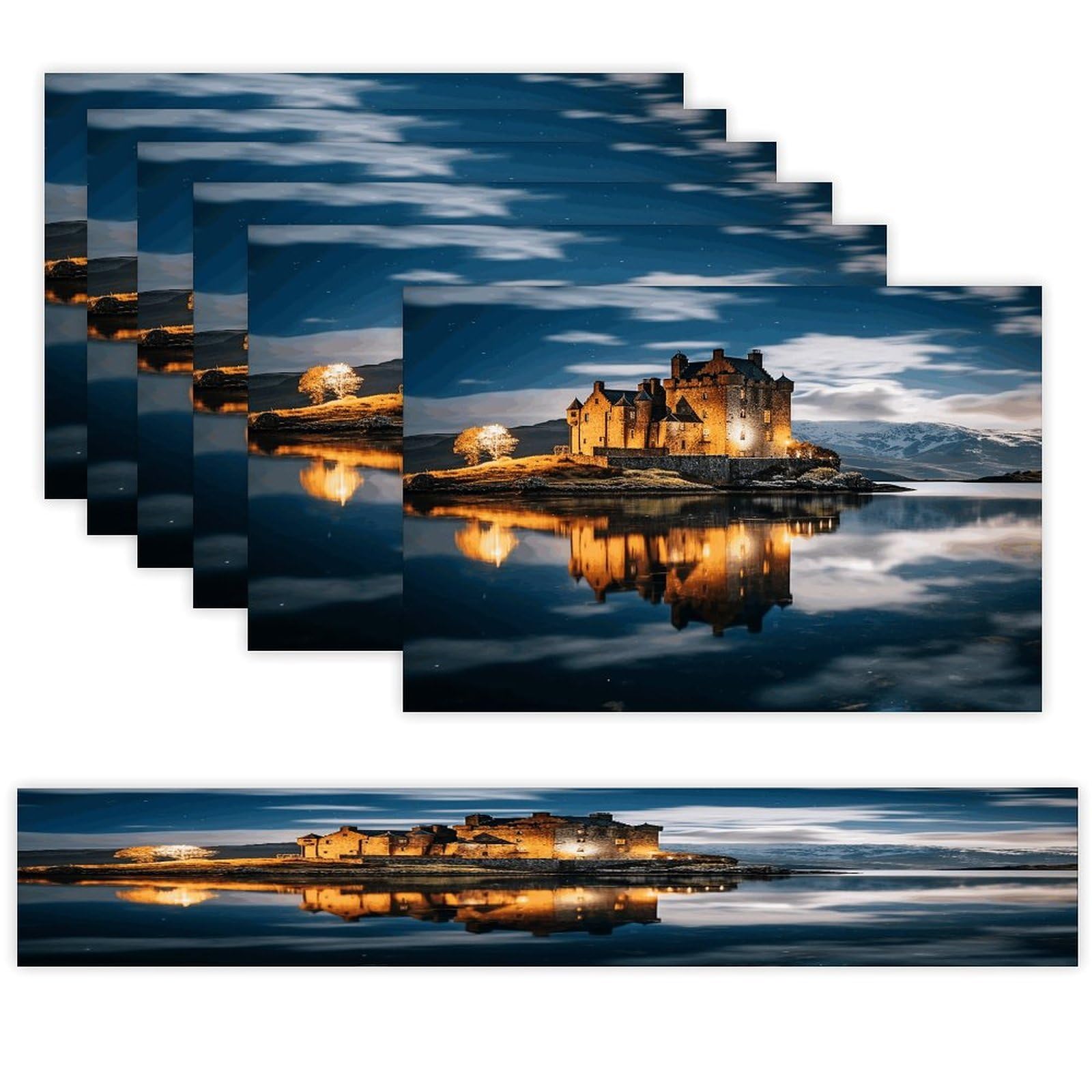 A Castle by The Lake Table Runner and Placemats Set of 6 Wipe Clean Heat Resistant Table Mat with Table Runner Decorations Flax Linen Place Mat Set for Home Kitchen Party Supplies