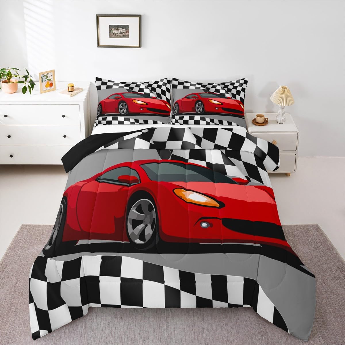 Red Racing Car Comforter Set - Extreme Sports Theme Duvet Set - Black and White Grid Room Decor Quilt Set - Full Size