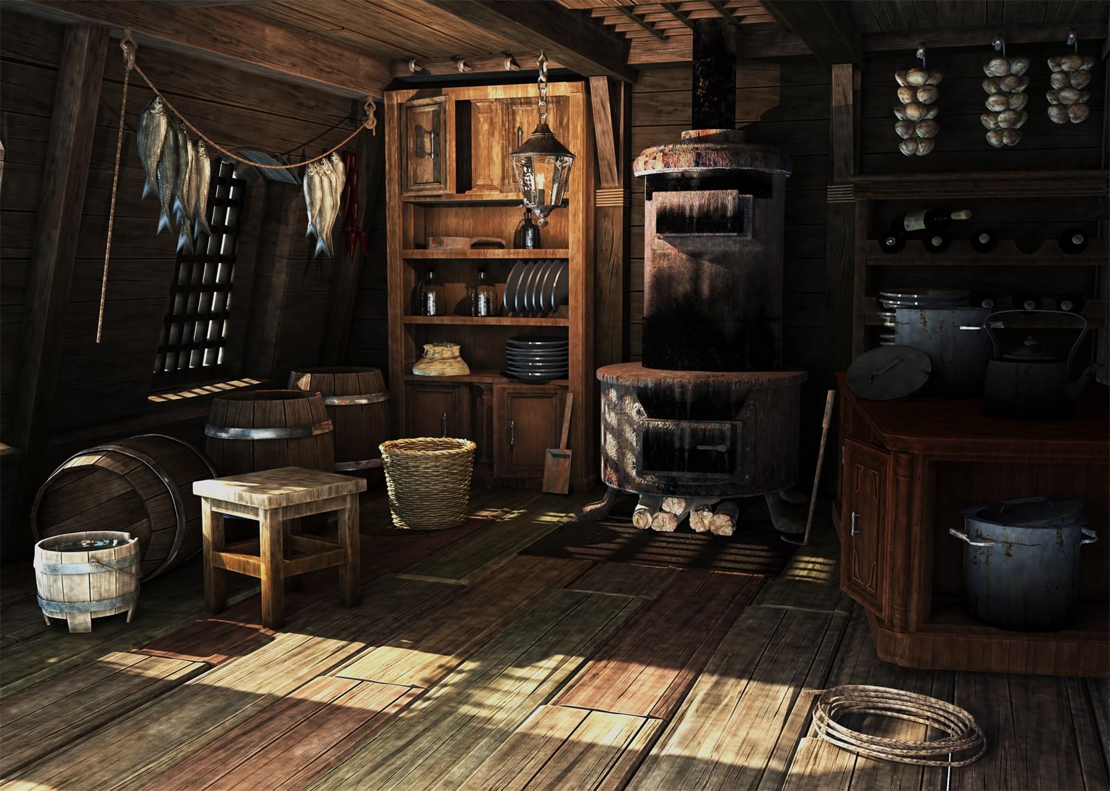 CORFOTO 2.1x1.5m Old Kitchen Backdrop Rustic Wooden Ship Kitchen Photography Background medieval Kitchen Photo Background Rural Farmhouse Cooking Utensils Backdrop Halloween Decor