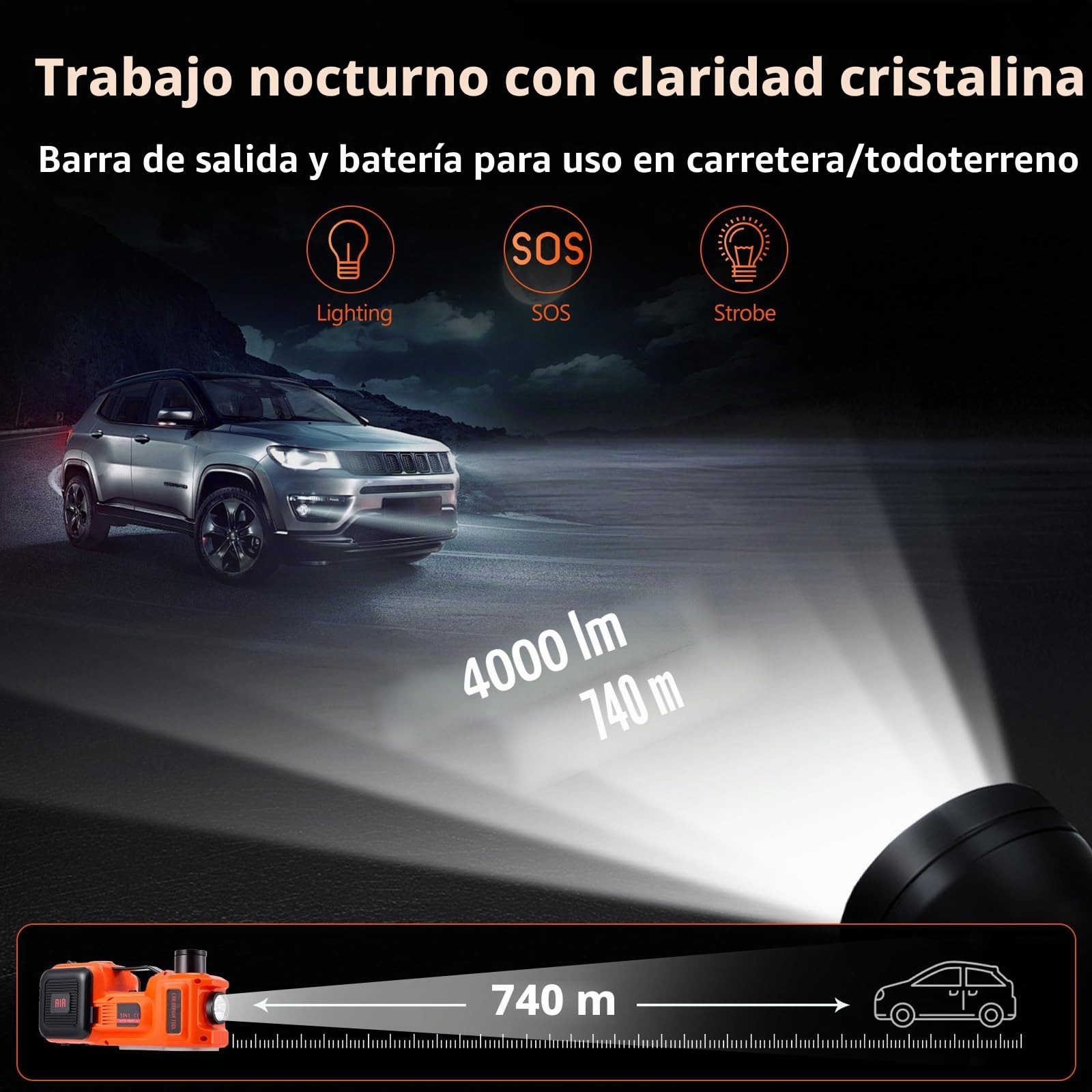 Gato hidráulico eléctrico 5T, 12 V, 180 W, con Bomba Inflable y luz LED, 150-540 mm, para Coche, SUV, sedán, MPV, camión, Cambio de neumáticos, reparación de Garaje