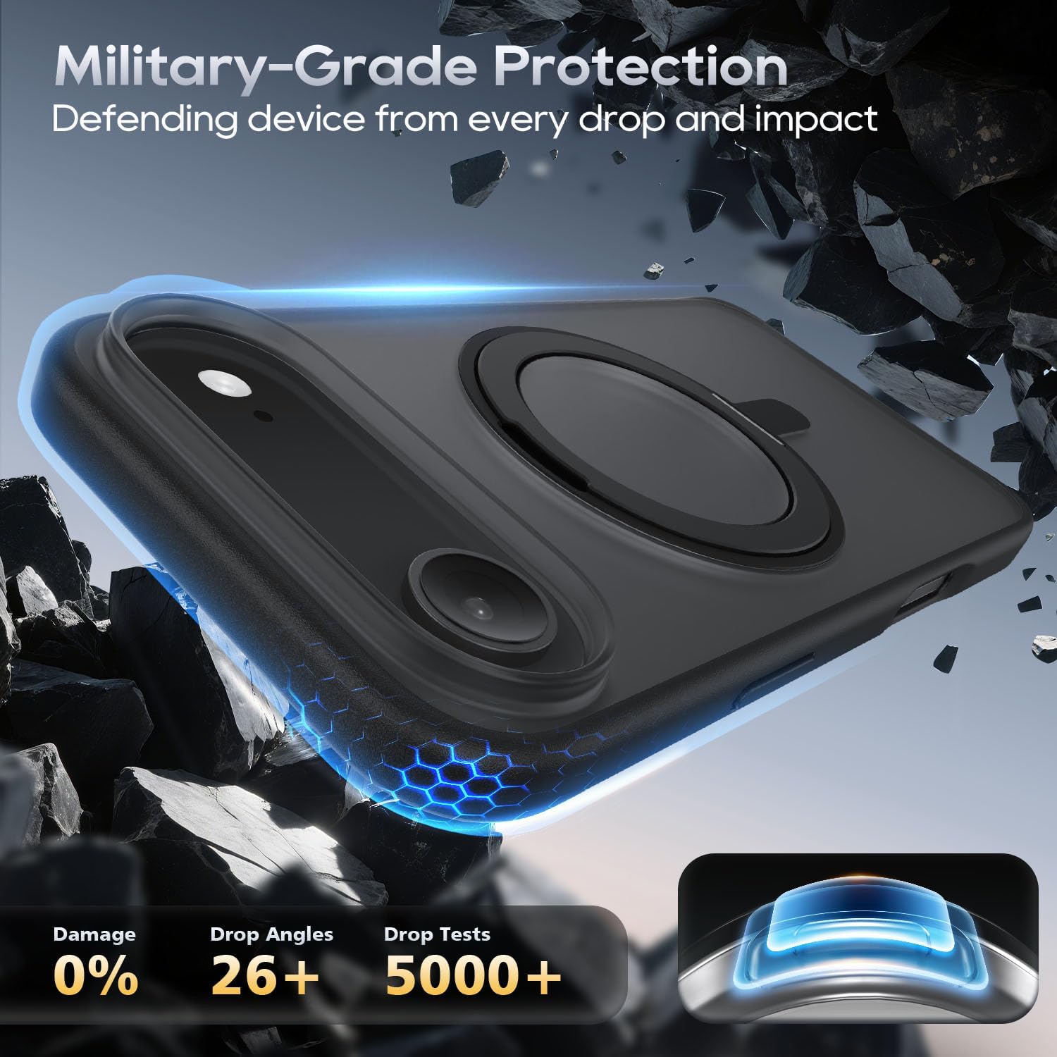 for iPhone Air Case 6.5-Inch with Magnetic 360° Ring Stand Compatible with MagSafe Frosted Matte Shockproof Protective Phone Cover 6.5" 2025, Black