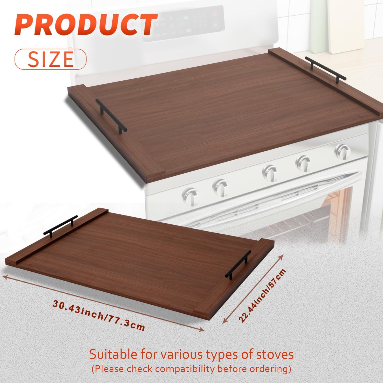 Gas Stove Top Covers/Noodle Board Stove Cover for Electric & Gas Stoves, Stovetop Cover with Handles (Walnut)