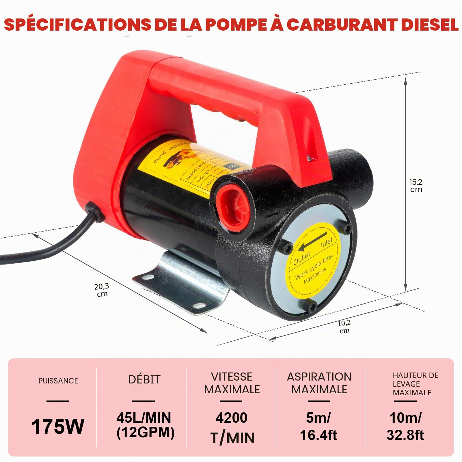 Pompe de Transvasement Diesel 12V 175W - Aspiration de Carburant Avec Gicleurs à Arrêt Automatique & 6M Tuyaux - Auto-amorçante Avec Moteur en Cuivre