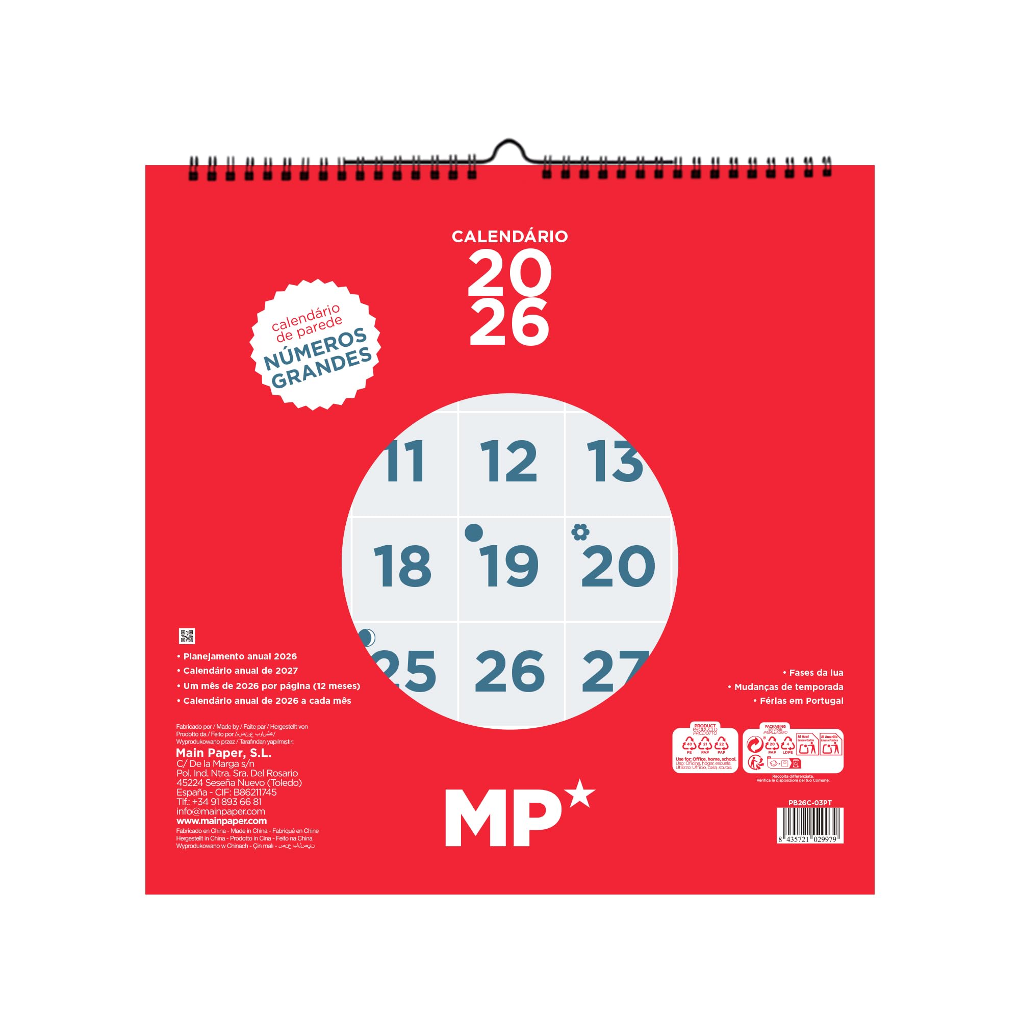 MP -Wall Calendar 2026 Month View January - December (12 Months), 2026 Yearly Planner, Neutral Monthly Planner - Férias em Portugal,30x30 cm