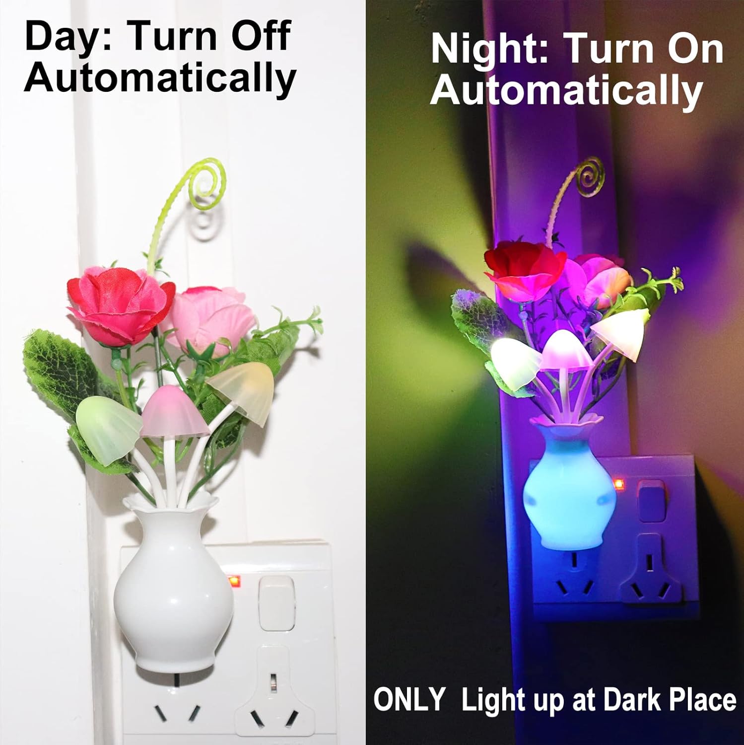 AUSAYE 4 Pack Plug in LED Night Light Sensor Light Rose Flower Decor,Energy Saving Lamp Dream Nightlight Mushroom Night Lights for Kids Adults Bedroom,Bathroom,Living Room,Kitchen,Hallway
