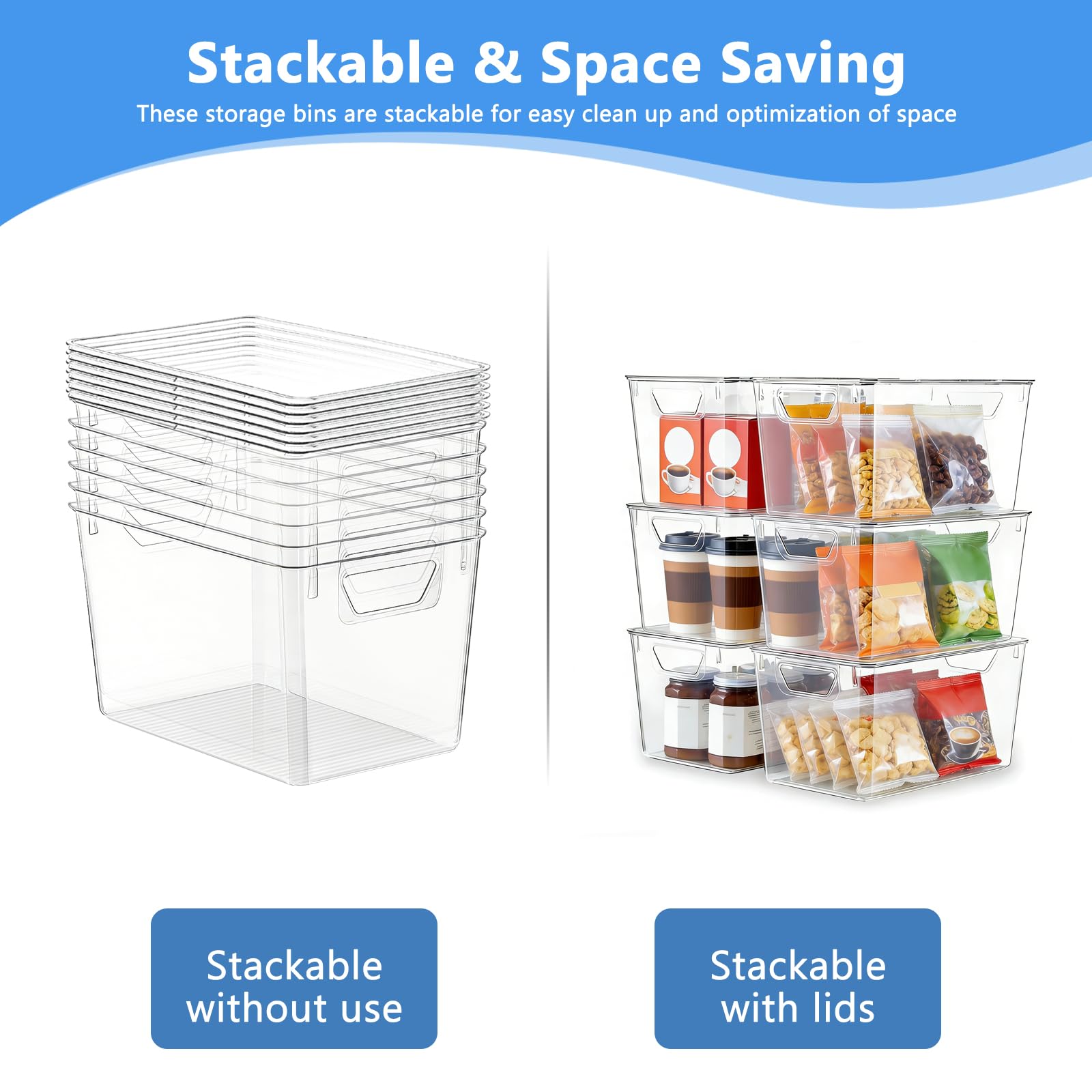 Juego de 6 cajas de almacenamiento con tapa, 29 x 18 x 15 cm, organizadores transparentes para frigorífico, cajas de plástico apilables con asas para cocina, despensa, baño y oficina