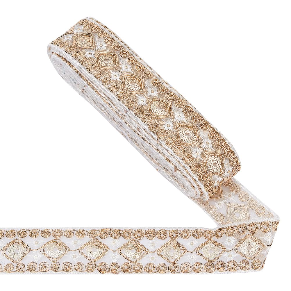 AHANDMAKER 10 Yards White Jacquard Ribbon Trim, 1.77 inch Wide Rhombus Pattern with Sequins Woven Trim Ethnic Style Jacquard Embroidered Ribbon for Sewing, Clothing Decoration