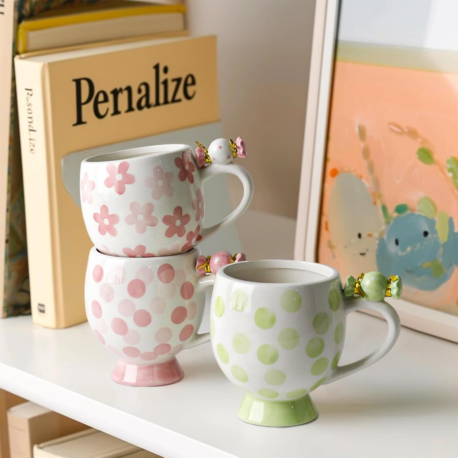 Mugs Ceramic Handmade Candy Shape Cute Coffee Mug Unique Holiday Mug with Handle Hot Cocoa Cup Perfect for Tea & Coffee Lovers, Gifts for Family Friend or Children 12 OZ (Green Dots) - Image 6