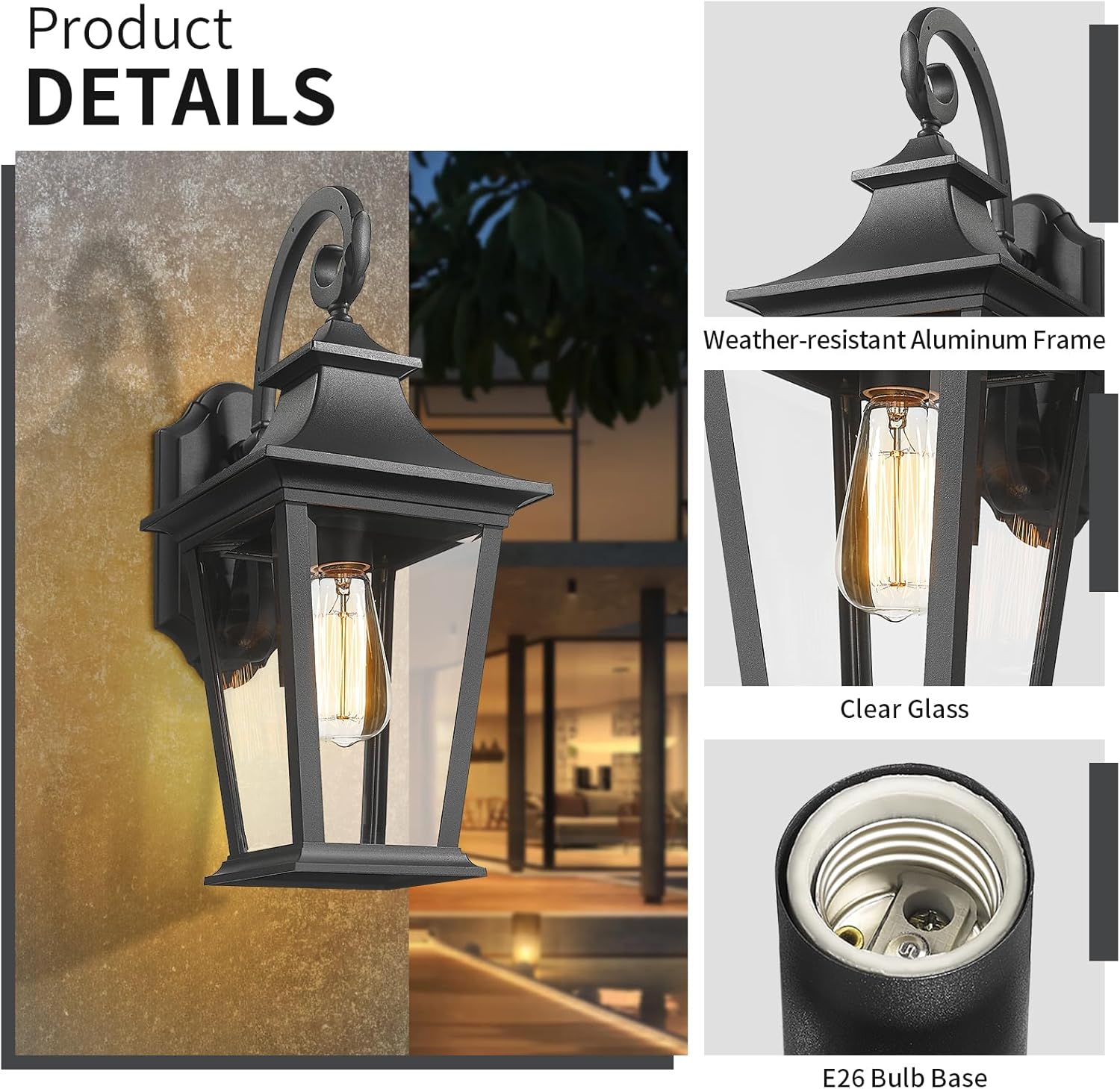 darkaway outdoor wall light, large 19.69inch outside wall sconce light anti-rust waterproof aluminum with glass for patio yard doorway garage 19.69"h