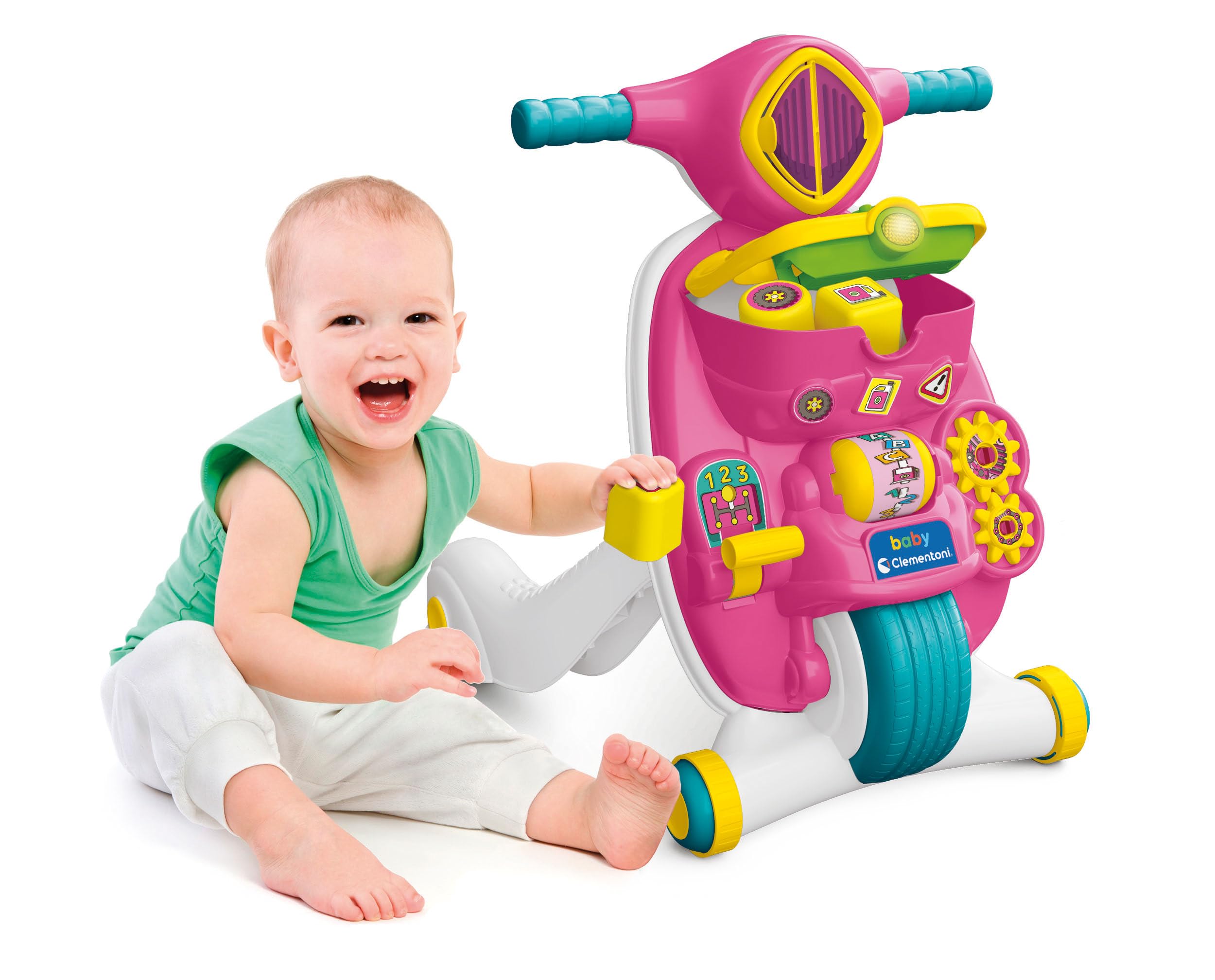 Baby Clementoni - Valentina Scooterina 2 in 1, Moto Bambini Spingibile Primi Passi 9+ Mesi, Centro attività Prima Infanzia per Imparare Lettere, Numeri e Parole, Made in Italy, Lingua Italiana, 17853