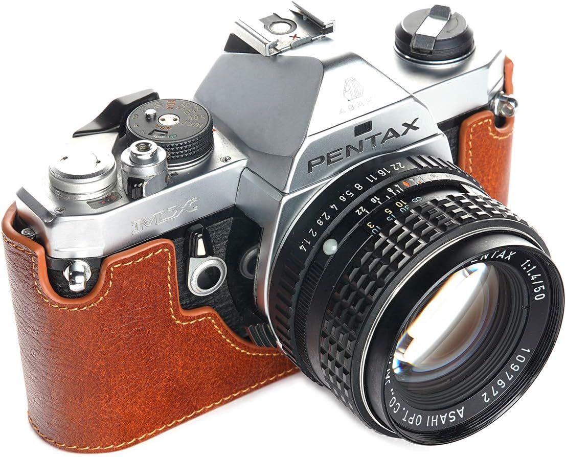 Pentax MX ME Case, BolinUS Handmade Genuine Real Leather Half Camera Case Bag Cover for Pentax MX ME Camera with Hand Strap (LavaBrown)