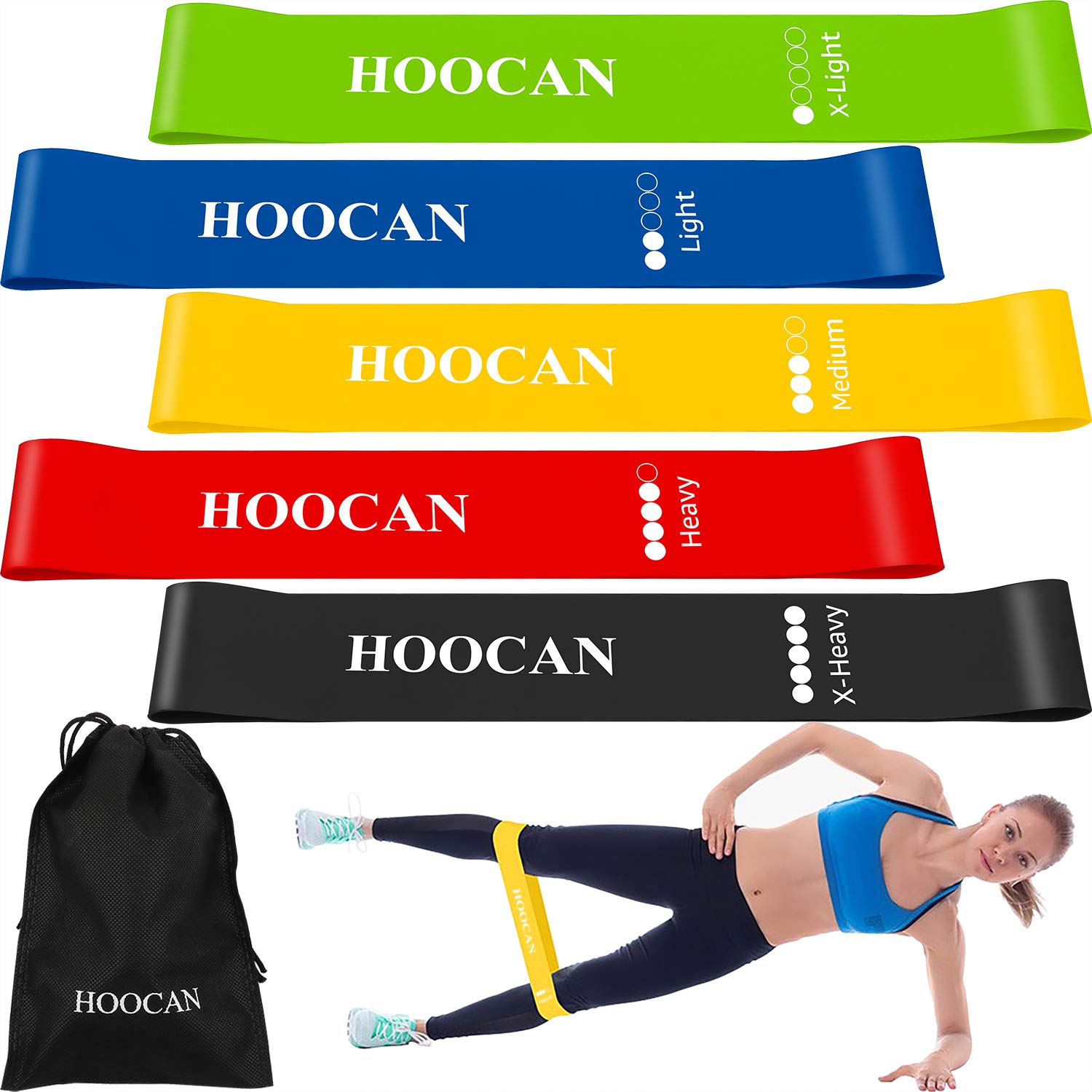 Hoocan Resistance Bands Loop Workout Bands Exercise Stretch Bands for Legs and Butt, Fitness, Physical Therapy, Sets of 5 with Drawstring Bag
