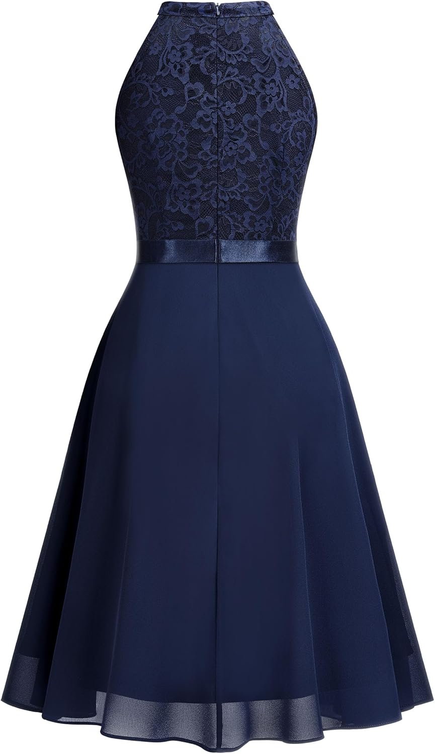 Miusol Women's Halter Neck Lace Ruffle Vintage Cocktail Party A-Line Bridesmaid Dress - Image 5