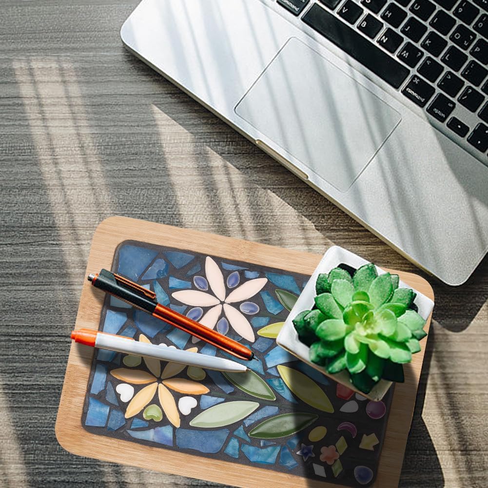WEBEEDY DIY Mosaic Craft Kit Mixed Color Tree Leaves Ceramic Mosaic Tiles Mosaic Bamboo Coasters Kits for Adults Beginner, with Rectangle Coaster Base for Handmade Mosaic Coaster Home Decor