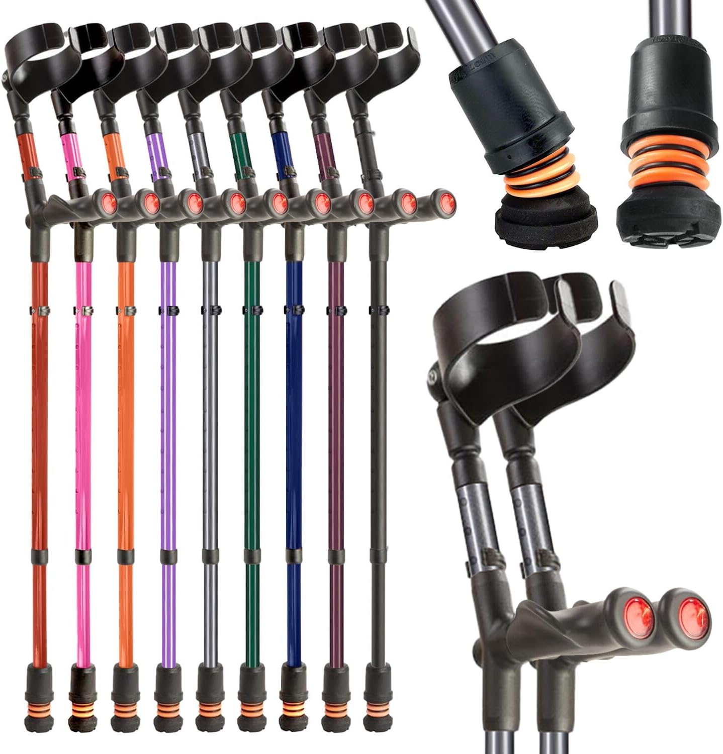 Flexyfoot Shock Absorbing Comfy Grip Double Adjustable Crutches - Pair - Grey - Improves Safety, Improves Grip, Reduces Shocks & Jarring