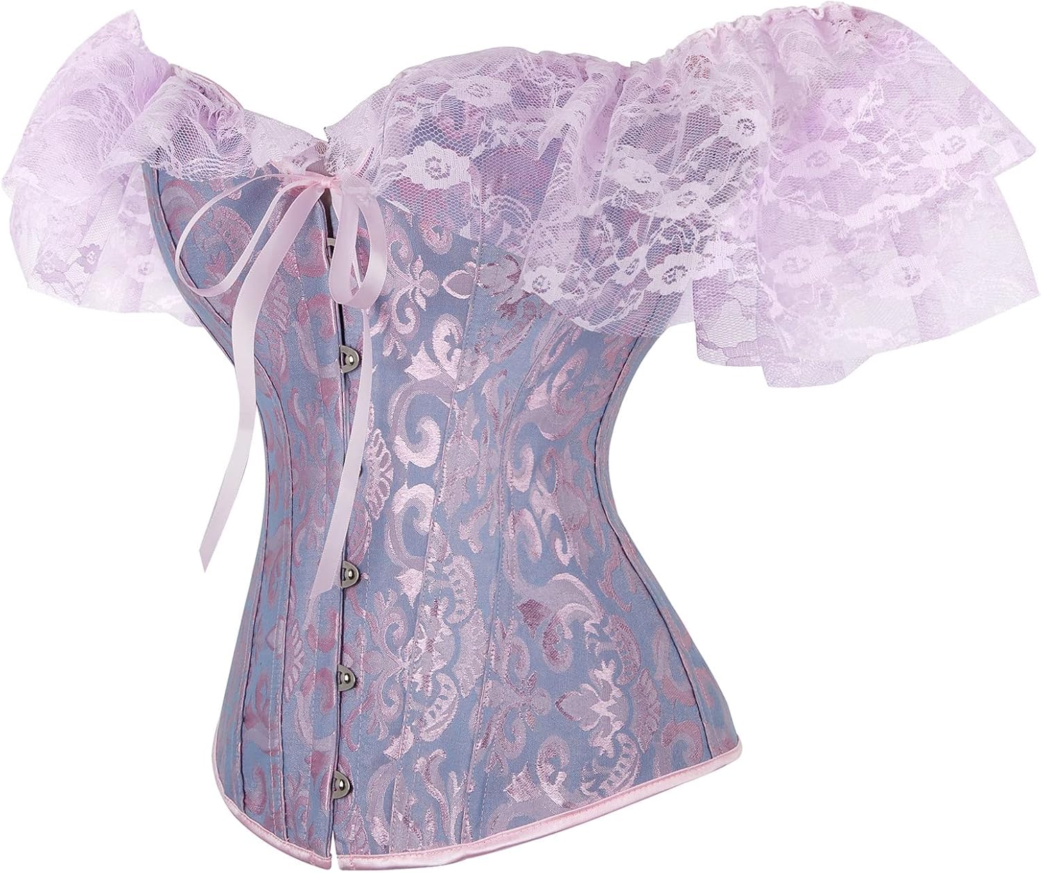 Yuemengxuan Women Sexy Boned Bustier Corset Top Bride Lace Up Floral Satin Overbust Body Shaper Lingerie with Lace Sleeve - Image 3