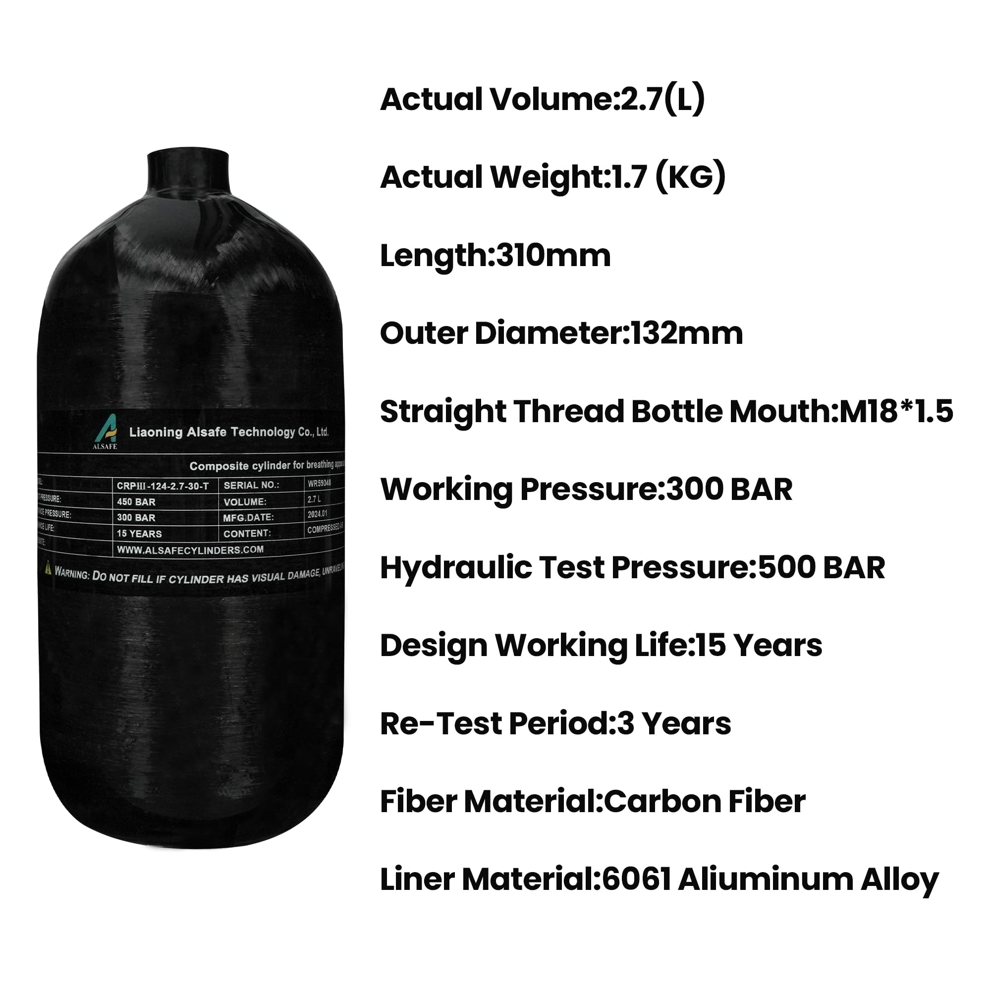 TUXING Cilindro di Ara in Fibra di Carbonio 2.7L 164Cu in 2700CC Cilindro Composito ad Alta Pressione,Cilindro di Immersione,Cilindro di Gas per Immersioni Profonde,Cilindro Aria Pcp per Fucile ad