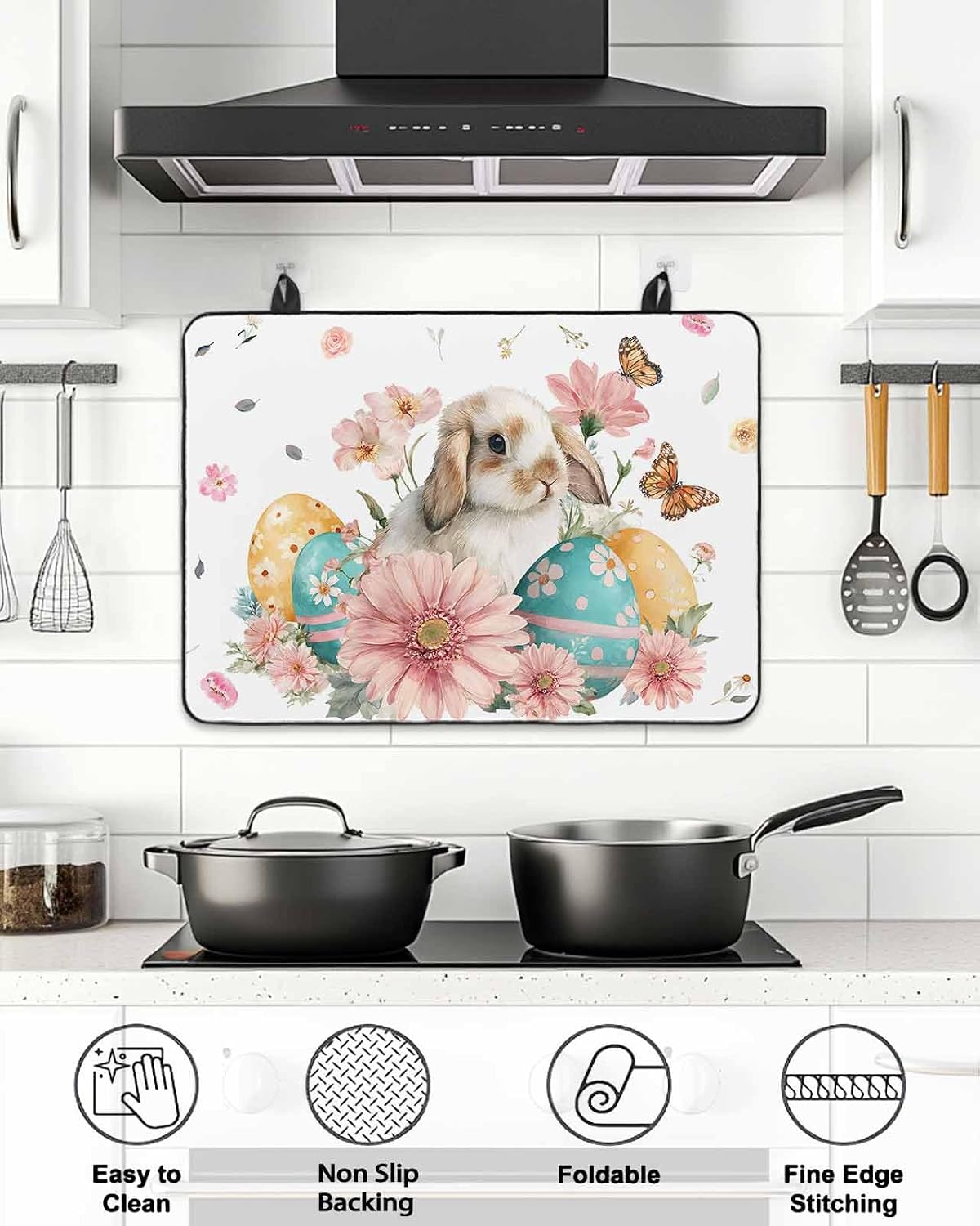 Easter Rabbit Stove Cover for Electric Stove, Watercolor Bunny Eggs Pink Floral Butterfly Stove Top Cover for Glass Top, Heat Insulation Rubber Mat Foldable Cooktop Top Protector, 28.5"x20.5"
