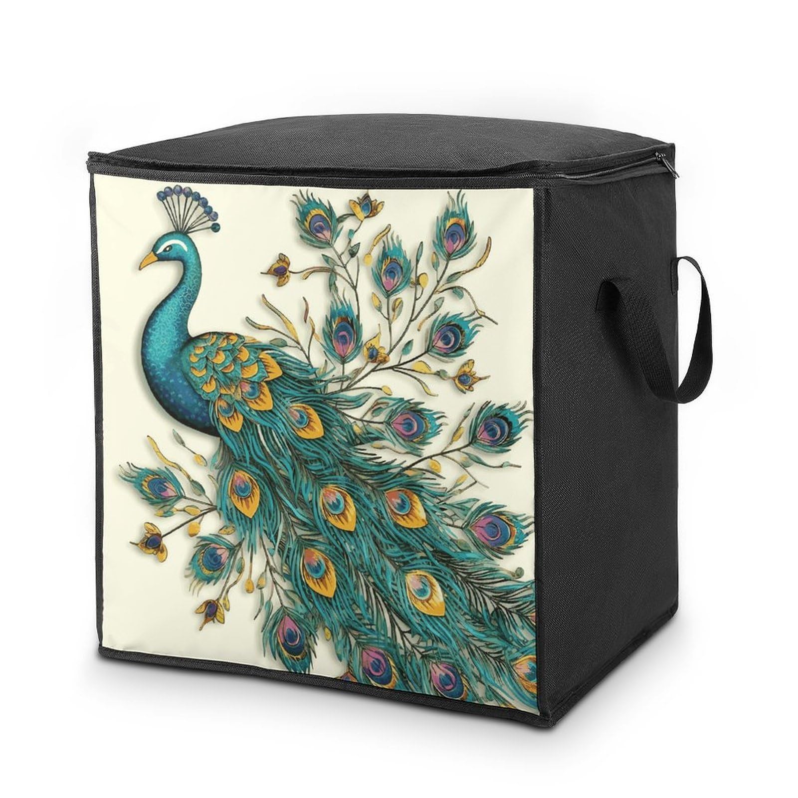 Peacock Pattern Storage Bag with Zippers And Handle Extra Large Bedding Comforter Storage Bag Foldable Blanket Storage Bags Fabric Moving Bags for Closet Organizer (70L)