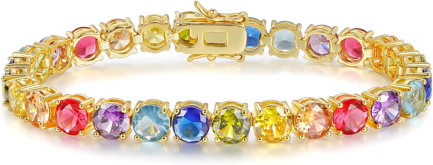Gemsme 6.0mm Colored Cubic Zirconia Tennis Bracelet for Women, 6MM 18K White/Yellow Gold Plated Cubic Zirconia Rainbow Tennis Link Bracelet