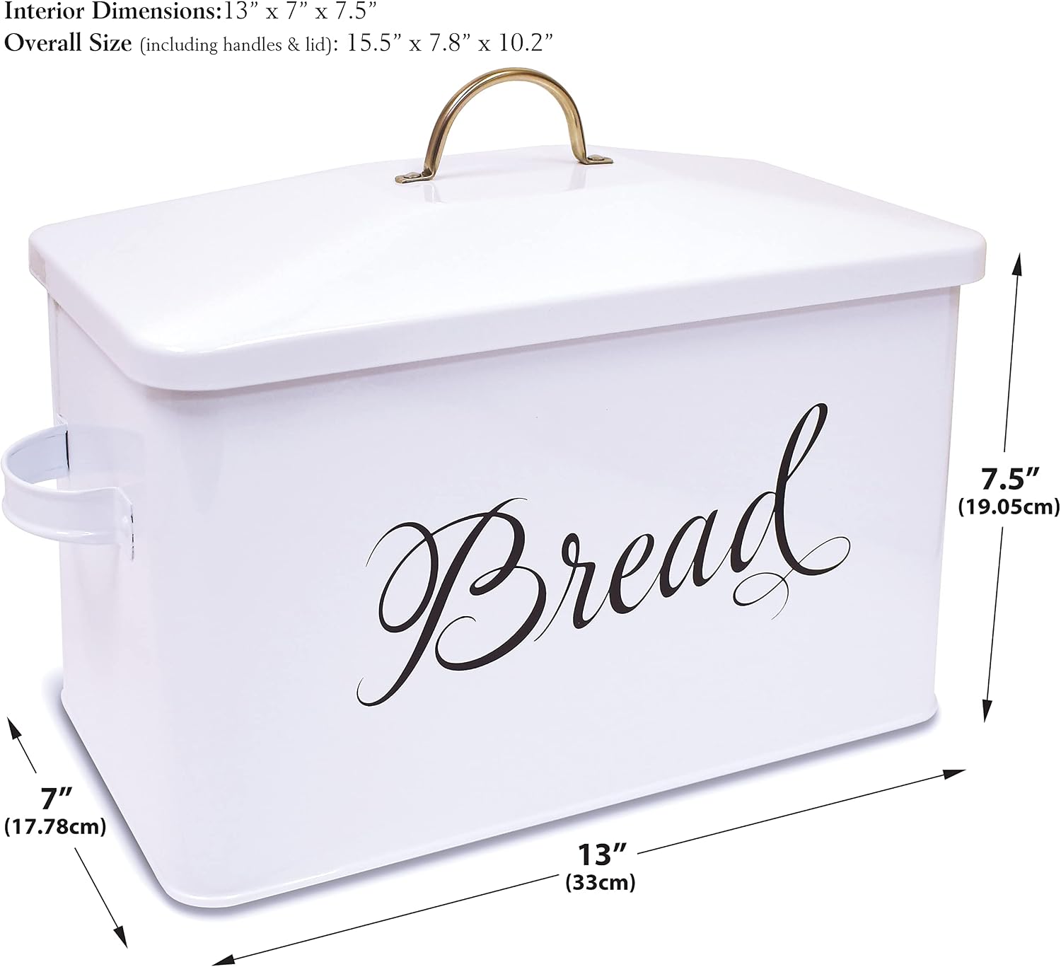 Better Kitchen Products Classic Metal Bread Box with Side Handles, Large Capacity (2 Bread Loaves), Farmhouse Bread Bin for Kitchen Countertop, Steel Bread Storage Container with Lid, White